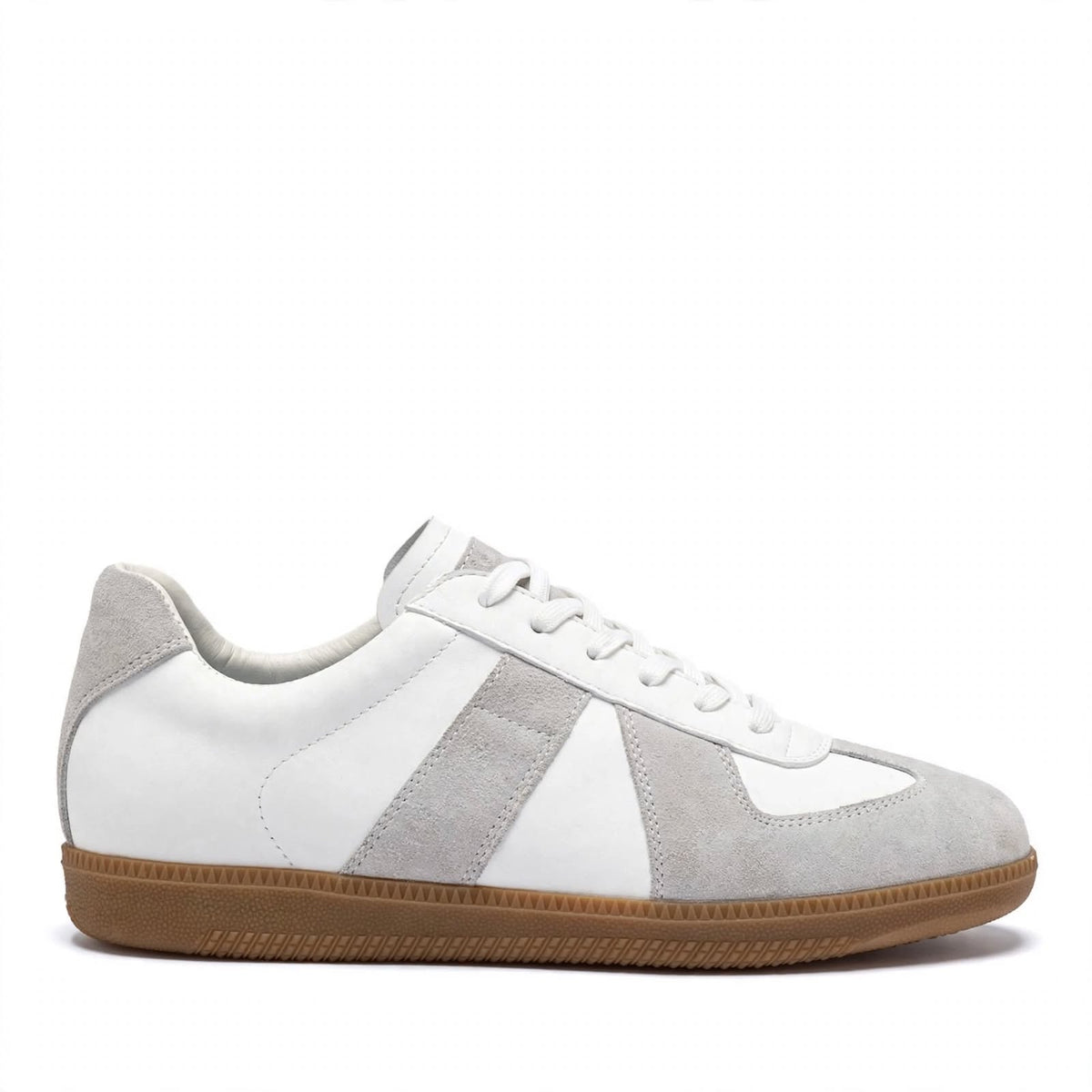 White and Grey Suede Retro Sneaker – Full Side Profile with Gum Sole and White Laces