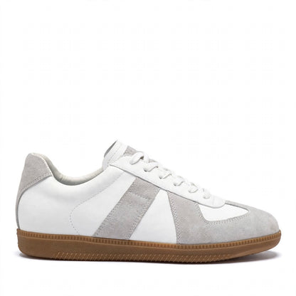 White and Grey Suede Retro Sneaker – Full Side Profile with Gum Sole and White Laces