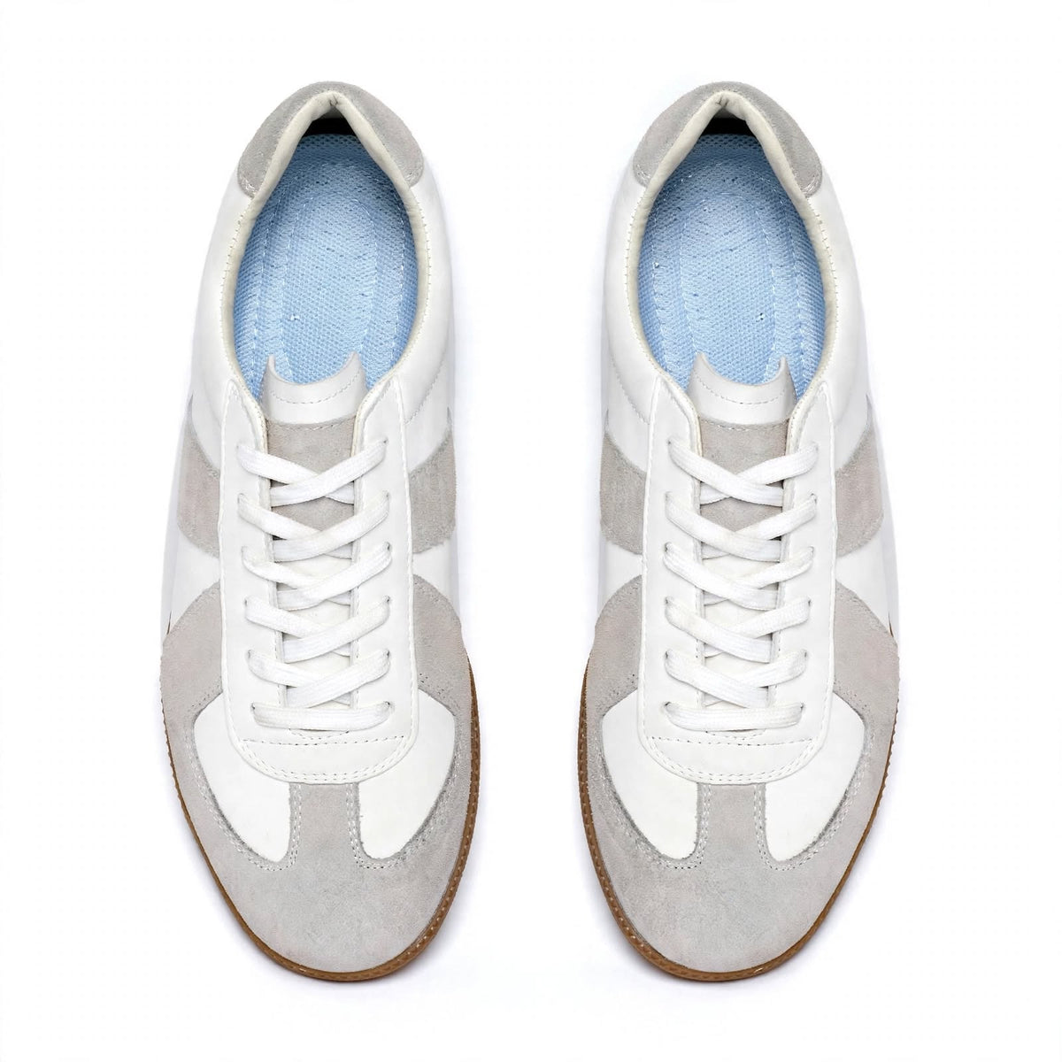 Men's White Grey Sneaker Pair – Top Down View Showing Blue Cushioned Insole and Suede Panelling