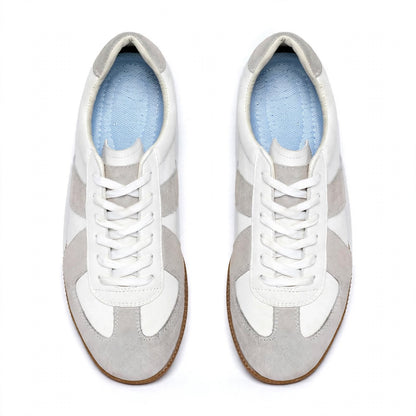 Men's White Grey Sneaker Pair – Top Down View Showing Blue Cushioned Insole and Suede Panelling