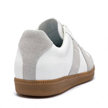 White Grey Retro Sneaker – Back Heel View Showing Suede Counter and Gum Sole Edge