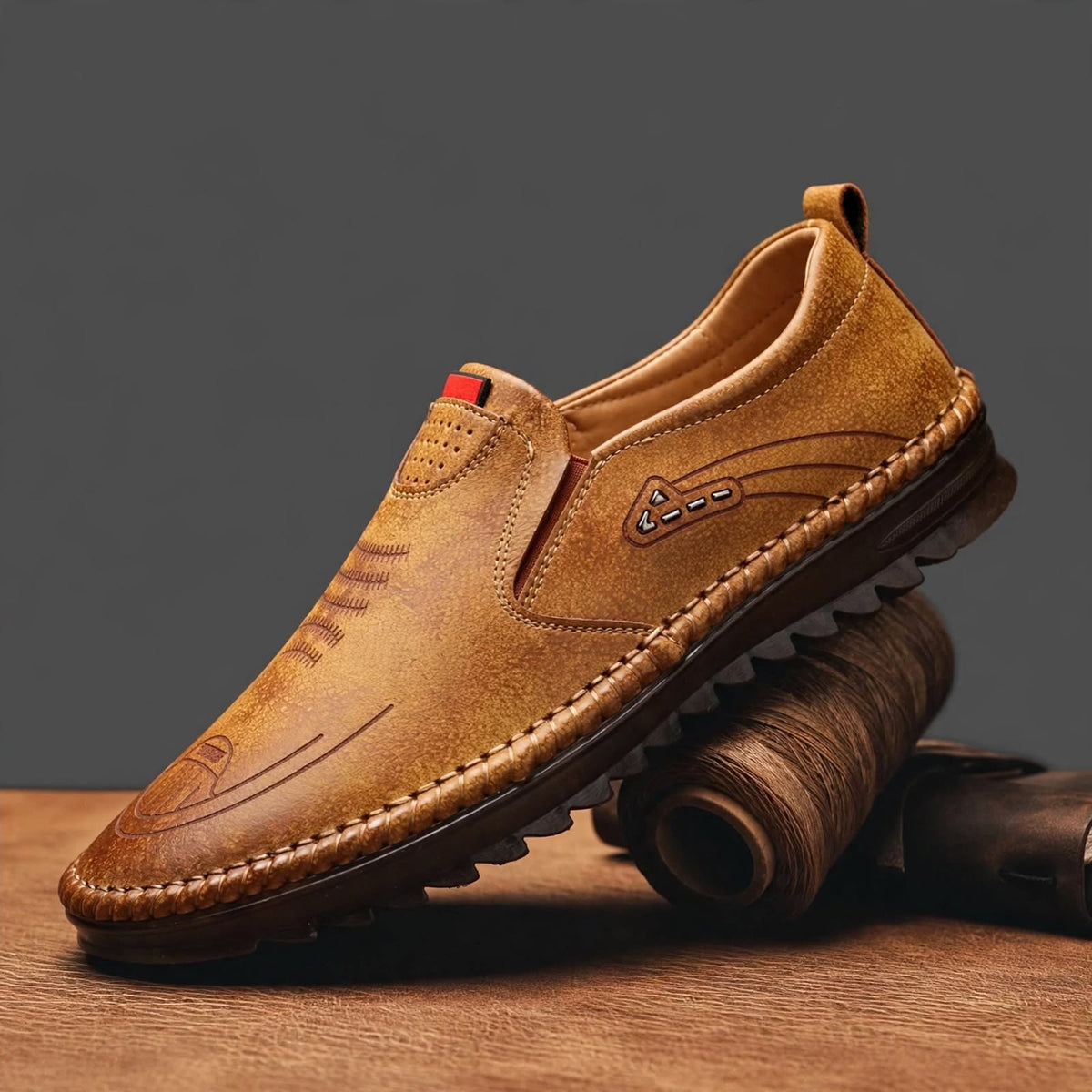 Men's Beige Casual Leather Shoes- Inclined View