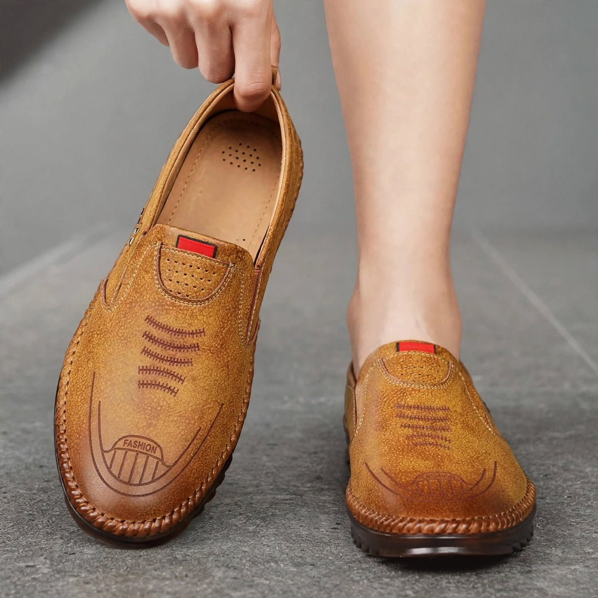 Men's Beige Casual Leather Shoes- Front View