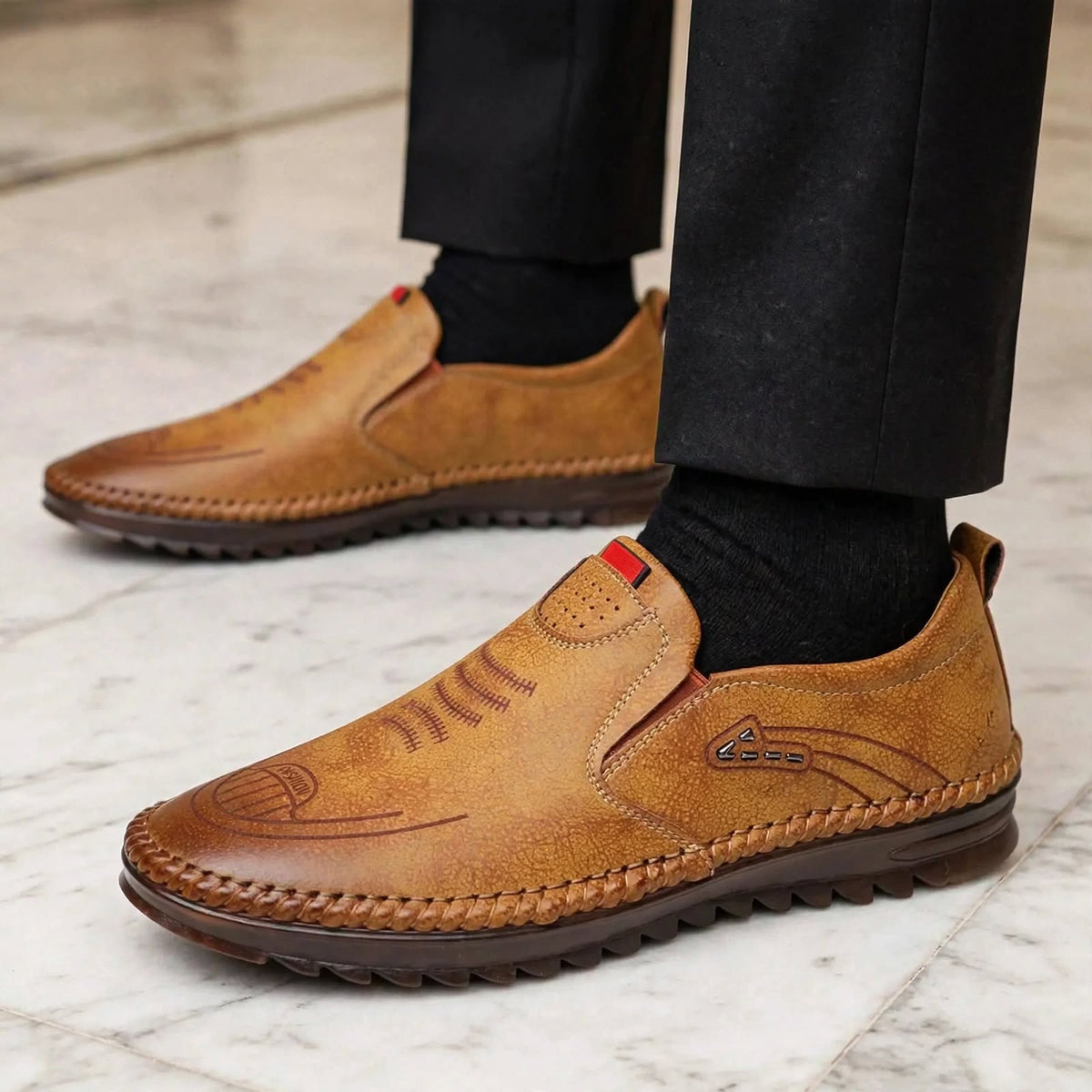 Men's Beige Casual Leather Shoes- Model View
