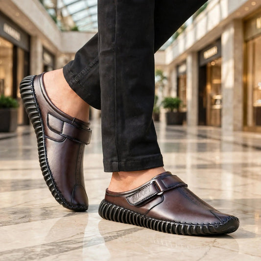Men's Brown Bantu Slip-On Leather Shoes - model view - OrangeLiberty