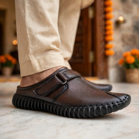 Men's Brown Leather Slip-On Casual Loafer – On-Foot Street Style Lifestyle Shot