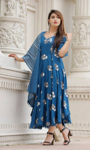 Rayon Anarkali Printed Long Gown With Dupatta | Blue Kurti