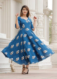 Rayon Anarkali Printed Long Gown With Dupatta | Blue Kurti