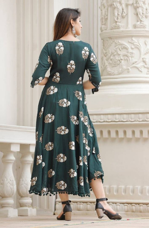 Rayon Anarkali Printed Long Gown With Dupatta | Green Kurti
