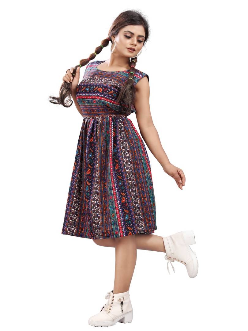 Stylish American Crepe Multicoloured Ethnic Print Round Neck Sleeveless Dress For Women