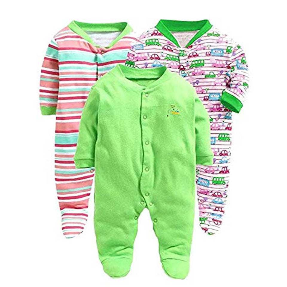 Cute Hosiery Cotton Green Long Sleeve Rompers Full Body-Suit for Baby Boy and Girl/Infants Combo (Pack of 3 )