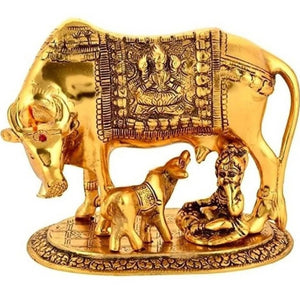 Kamdhenu Cow With Calf and Laddu Gopal Large Gold elegant kamdhenu Cow decorative Showpiece