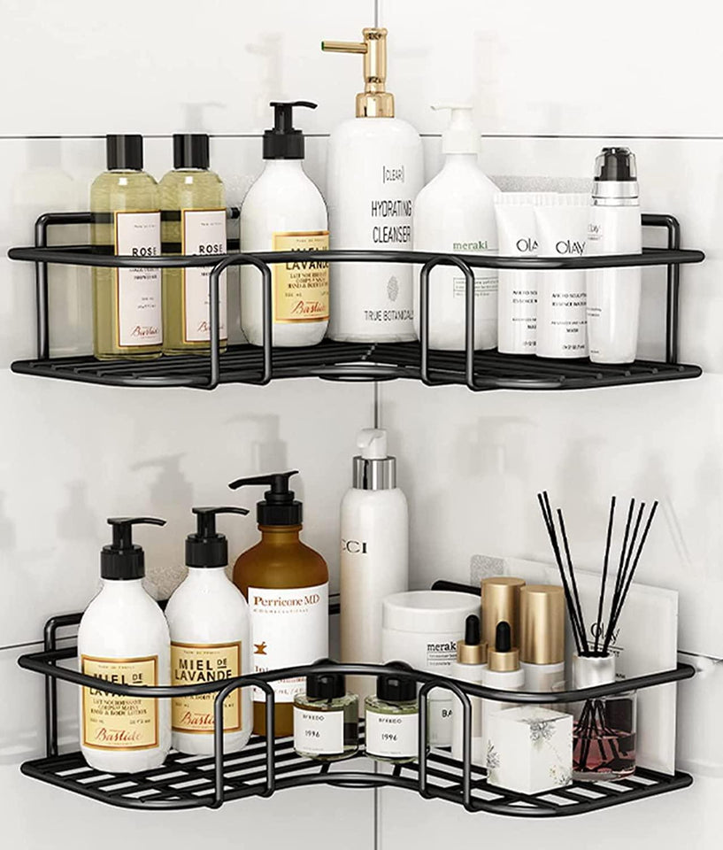 2x Bathroom Corner Shelves with Hooks, Wall Mounted Shower Caddy Organizer  Black