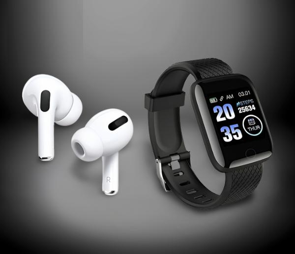 Combo Pack of 2 Items - Truly Wireless Bluetooth in Ear Earbuds Headset with Mic , Bluetooth D116 Smart Watch with Heart Rate Monitor and Many Other Features (1 Year Warranty)