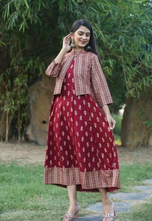 SST Special Printed Rayon Ankle Length Kurtis With Jacket