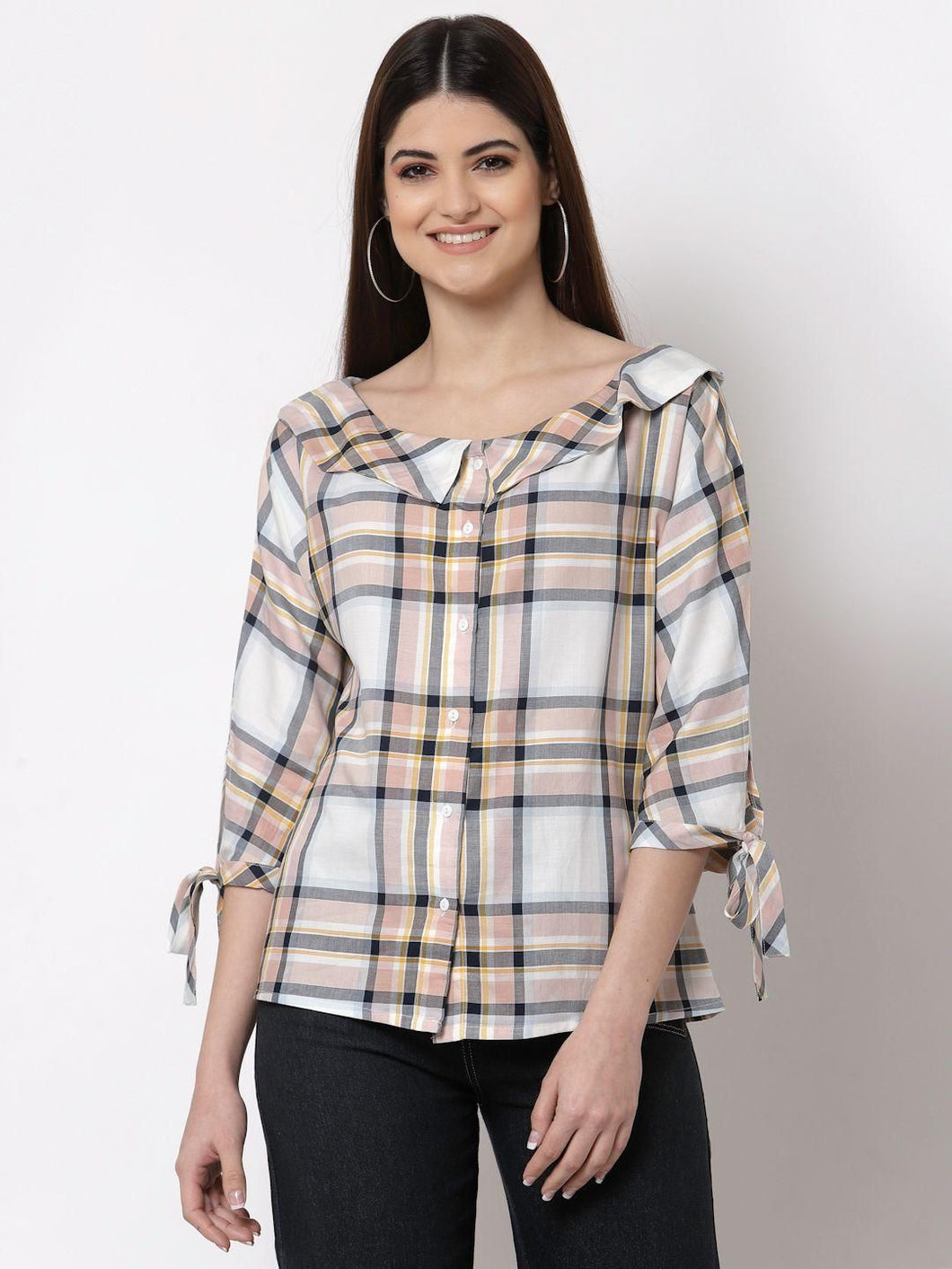 Style Quotient Women Off White Classic Tartan Checks Checked Casual Shirt
