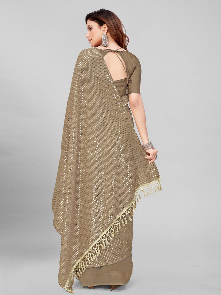Fancy Sequined Embroidered Beige Coloured Georgette Saree with Blouse Piece