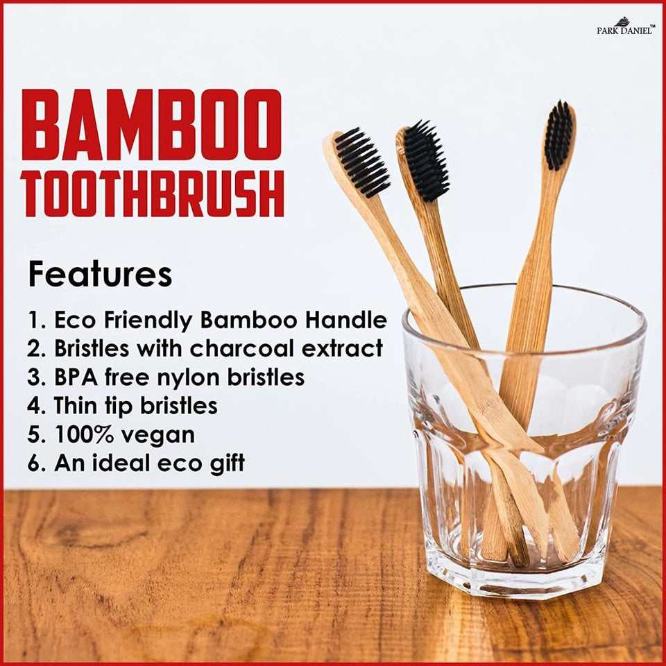 Park Daniel Pure and Natural Bamboo Wooden ECO Friendly Charcoal Toothbrush with Soft Medium Bristles(02 Pcs.) Medium Toothbrush (2 Toothbrushes)